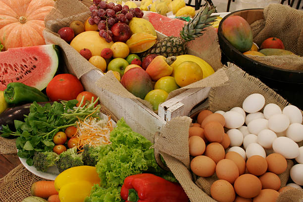 table with fruits and vegetables